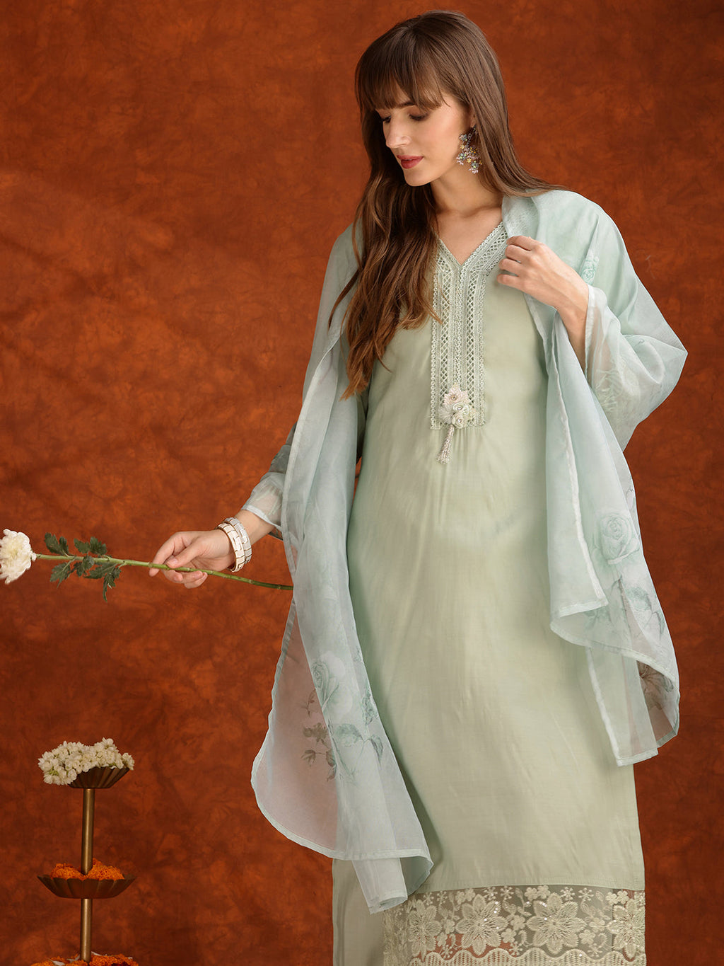 Green Chanderi Kurta Set with Artificial Flower and Lace Detailing