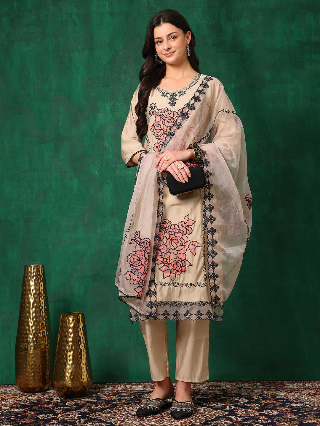 Beige Chanderi Applique Embroidered Kurta Set with Dupatta