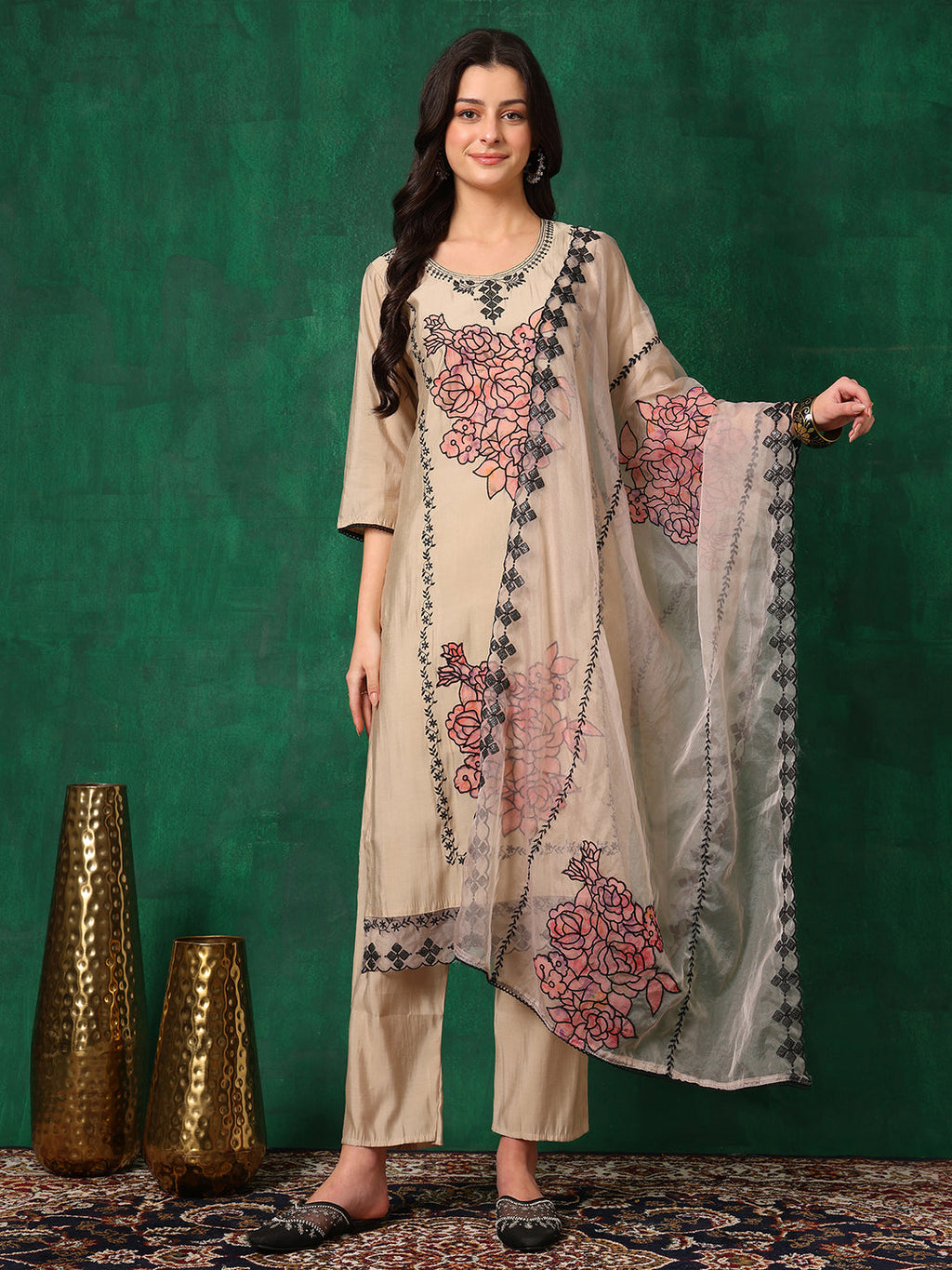 Beige Chanderi kurta set with intricate applique embroidery, matching pants, and dupatta.