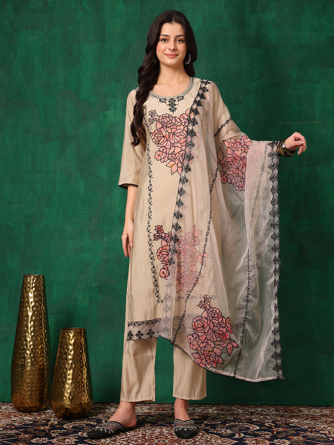 Beige Chanderi kurta set with intricate applique embroidery, matching pants, and dupatta.