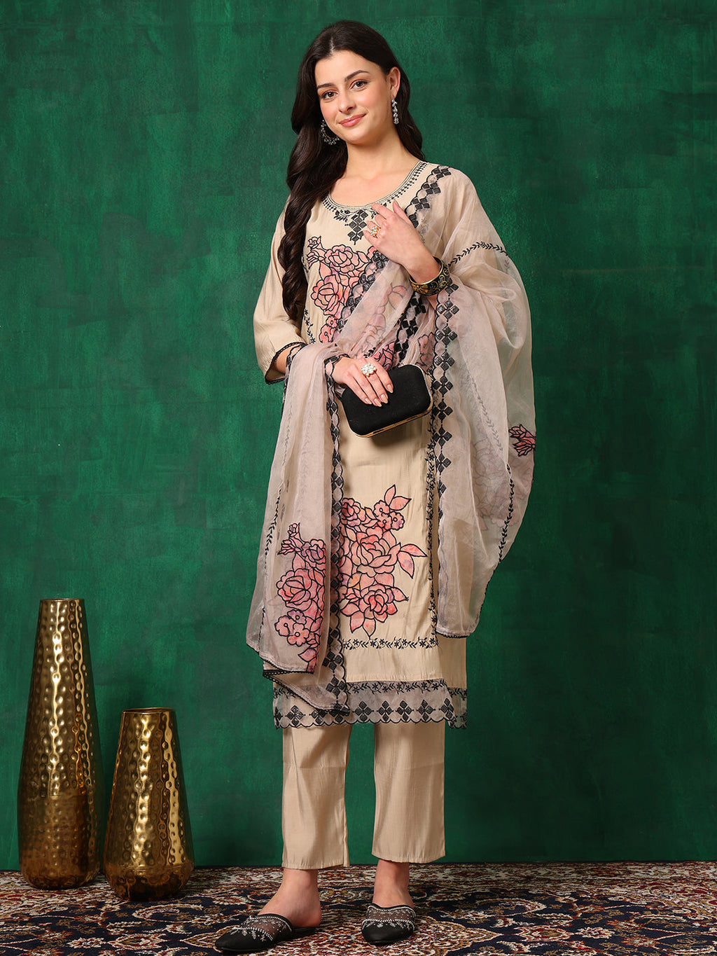 Beige Chanderi Applique Embroidered Kurta Set with Dupatta