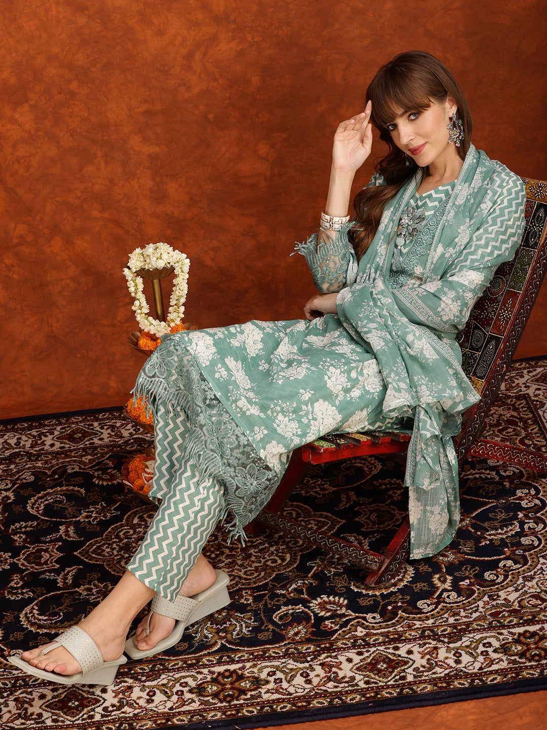 Green Floral Embellished Kurta Set with Pant and Dupatta