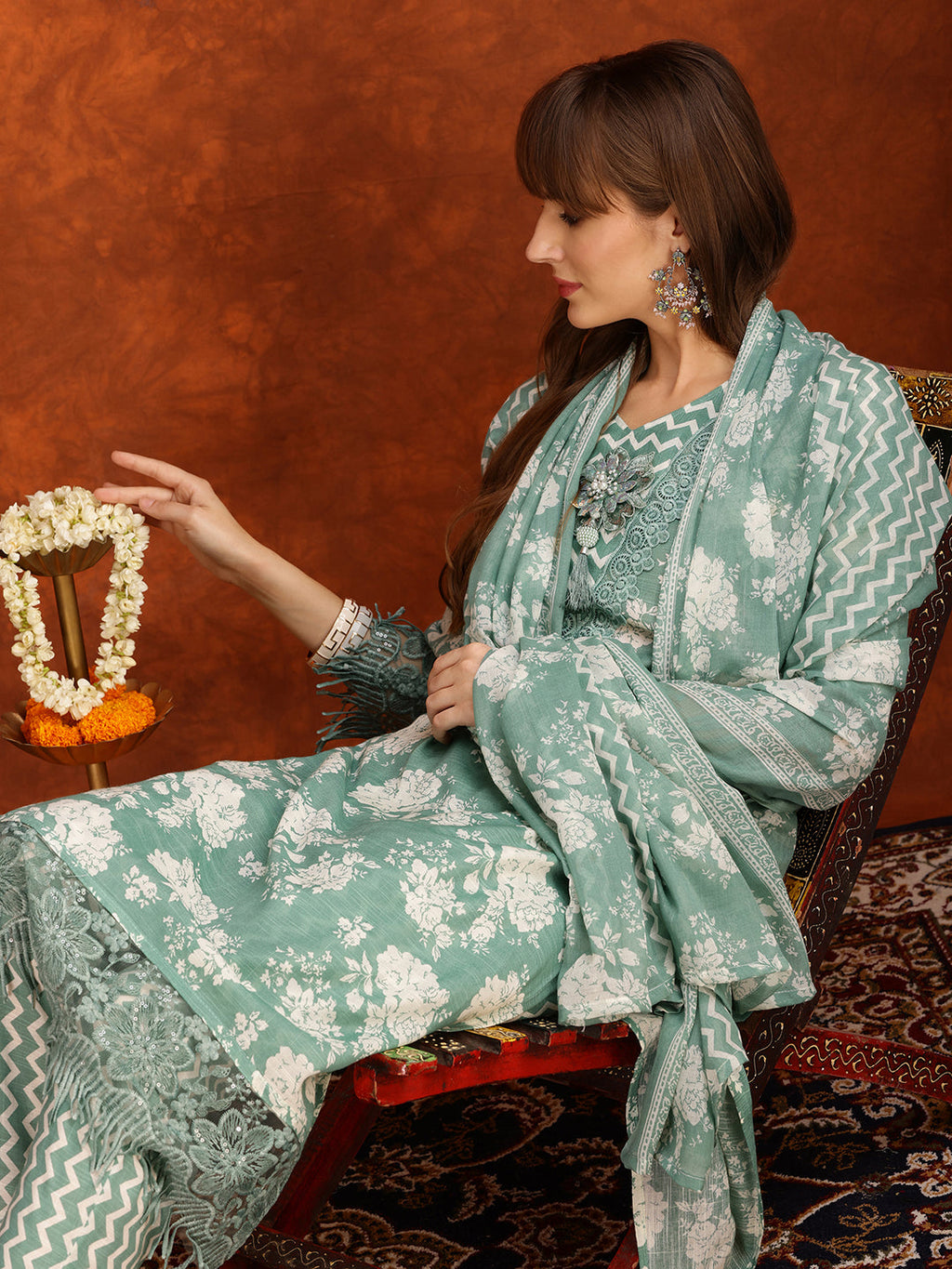 Green Floral Embellished Kurta Set with Pant and Dupatta