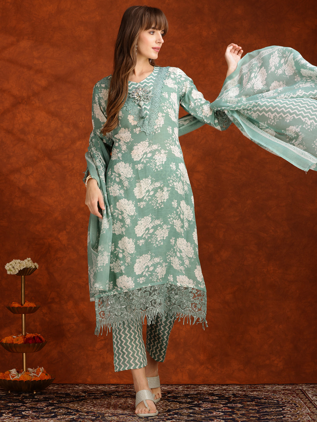 Green Floral Embellished Kurta Set with Pant and Dupatta