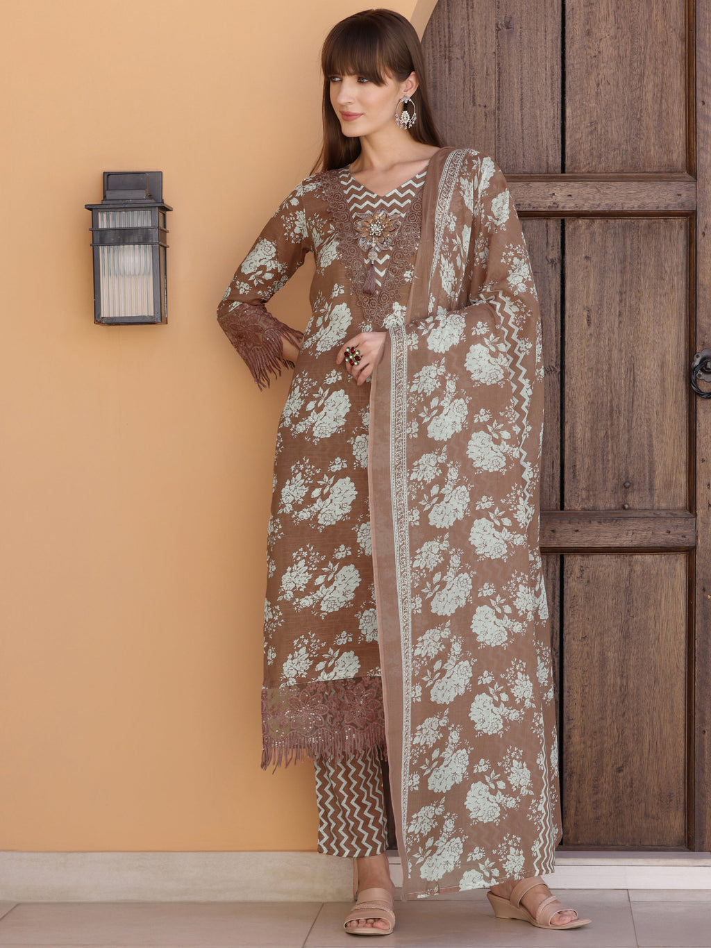 Brown Floral Printed Kurta Set with Flower Embellishments