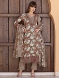 Brown floral printed kurta set with delicate flower embellishments and matching dupatta