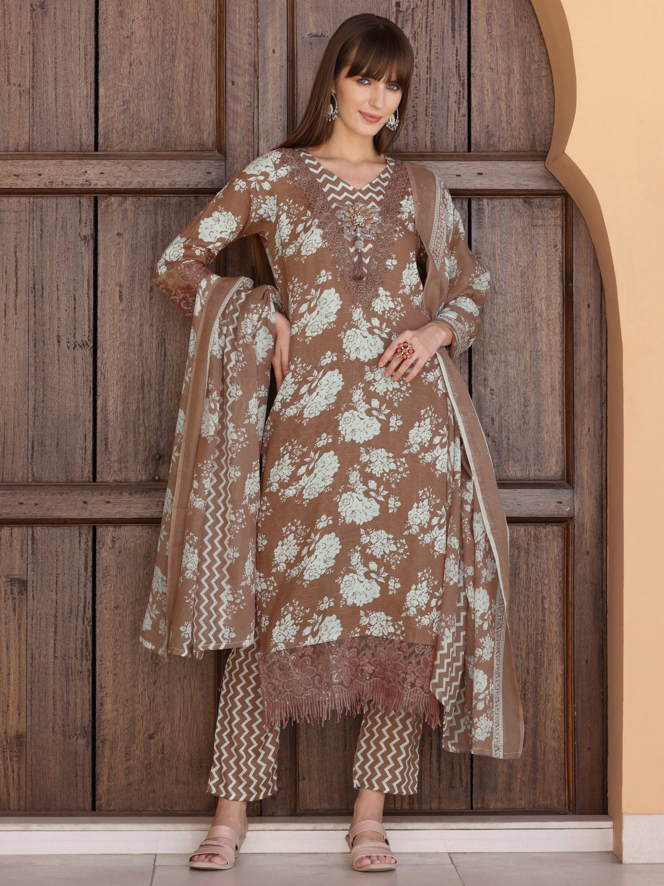 Brown floral printed kurta set with delicate flower embellishments and matching dupatta