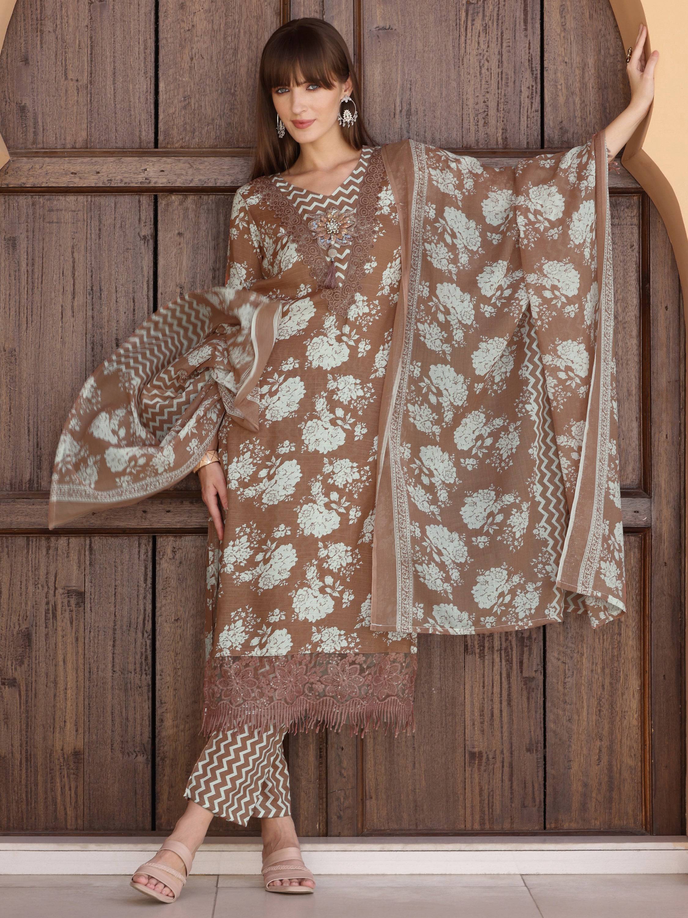 Brown Floral Printed Kurta Set with Flower Embellishments