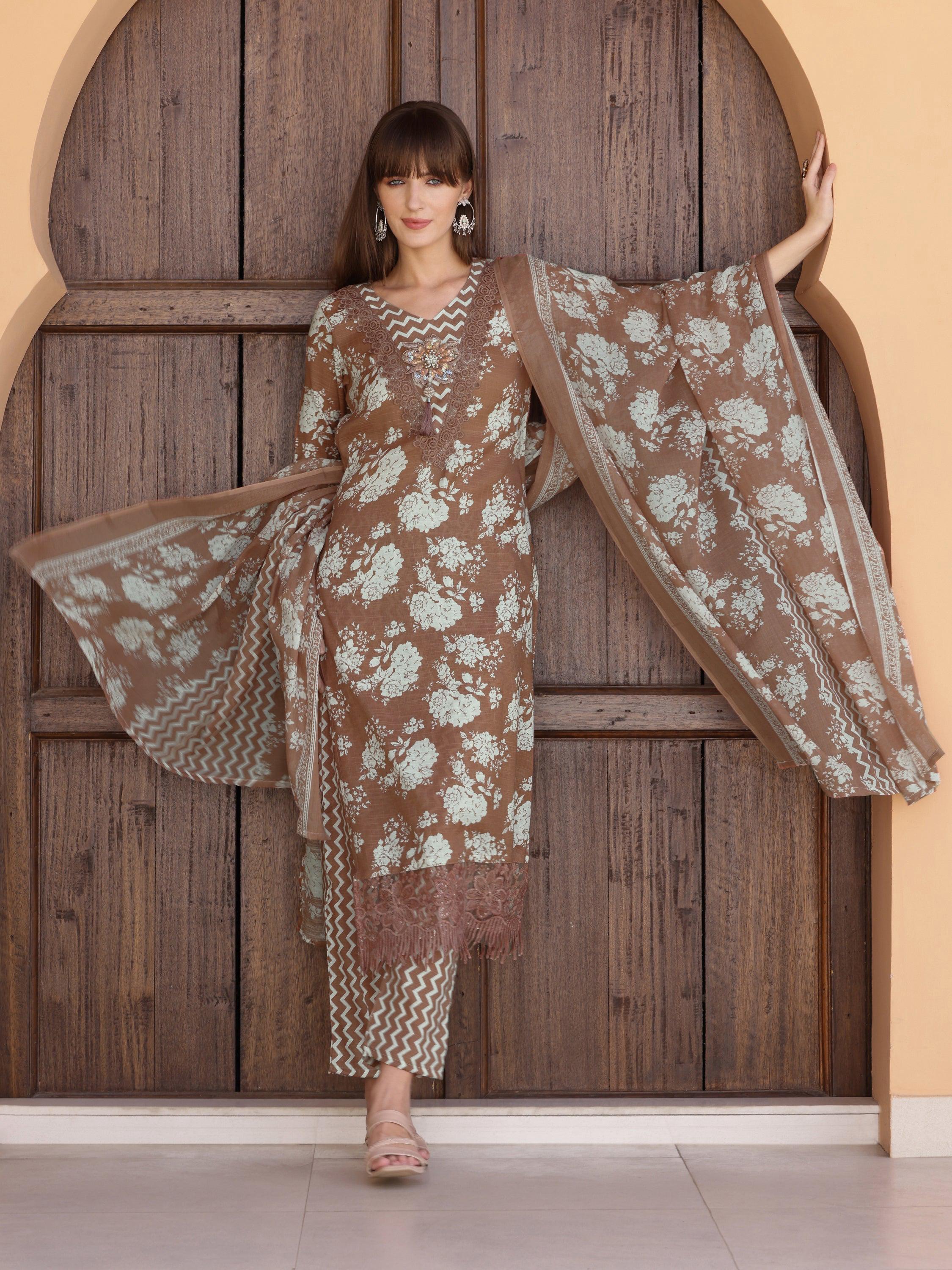 Brown Floral Printed Kurta Set with Flower Embellishments