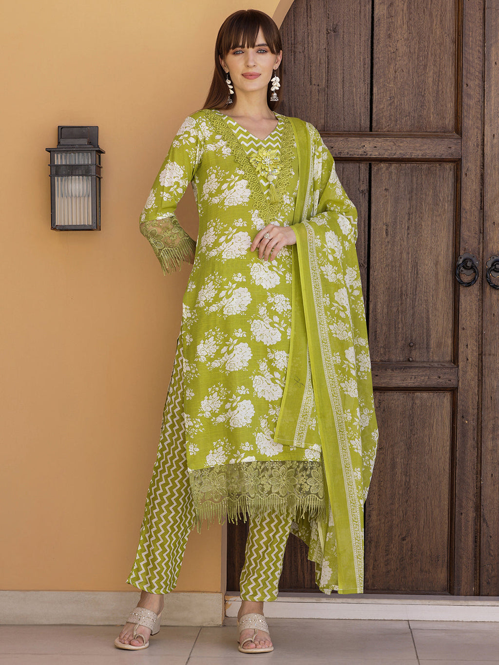 Flower Embellished Green Kurta Set with Pant and Dupatta