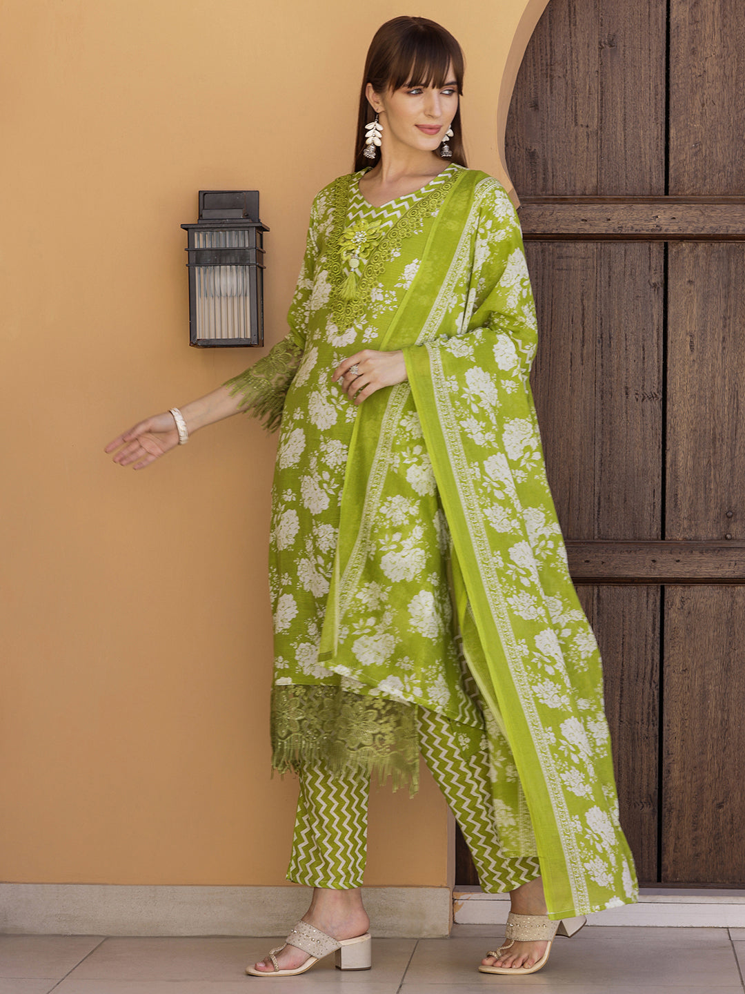Flower Embellished Green Kurta Set with Pant and Dupatta