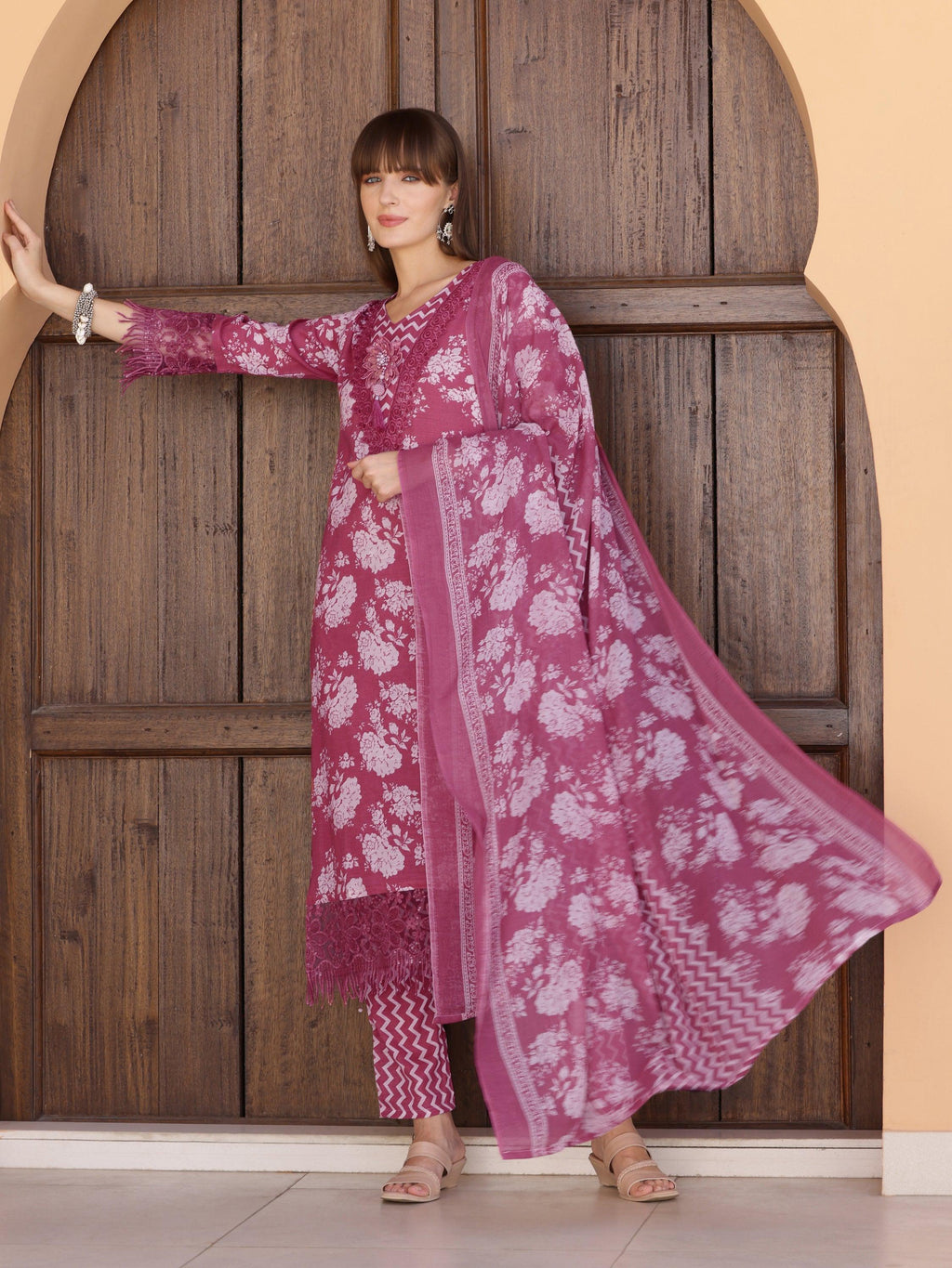 Purple Cotton-Blend Kurta Set with Floral Embellishments