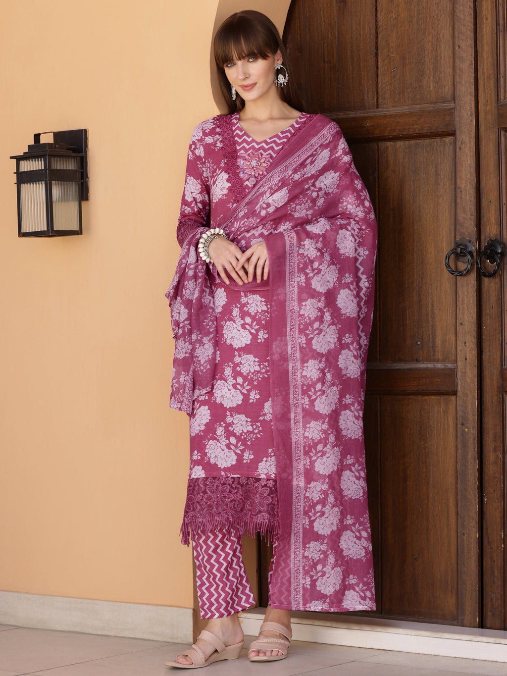 Purple cotton-blend kurta set with floral embellishments and printed details