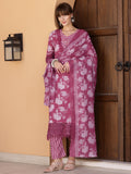 Purple cotton-blend kurta set with floral embellishments and printed details