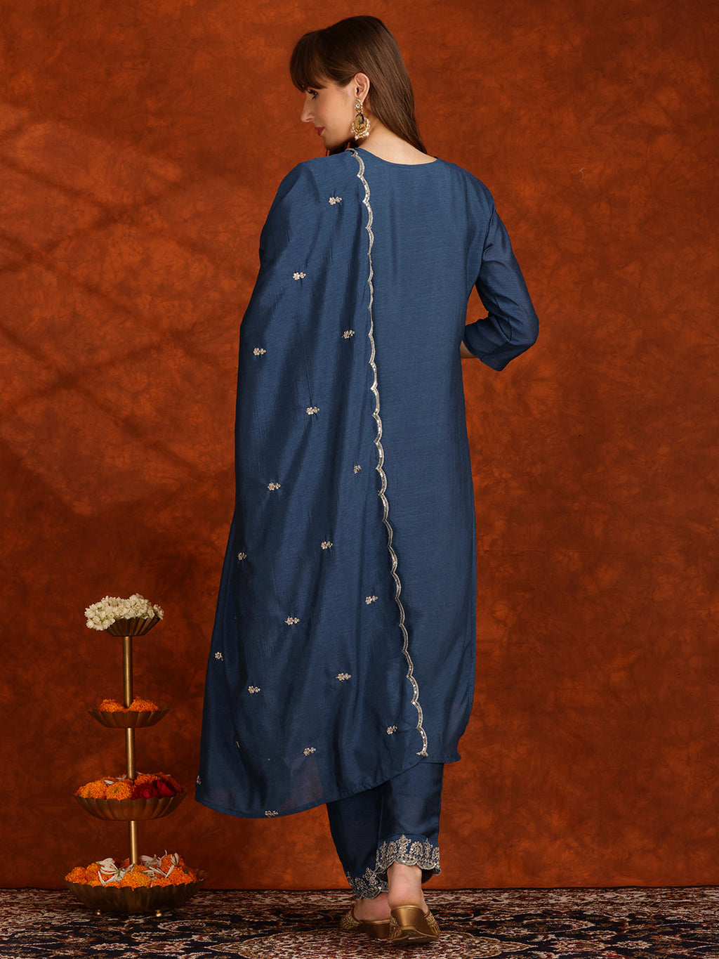 Sequined Embroidered Teal Kurta Set with Pant and Dupatta