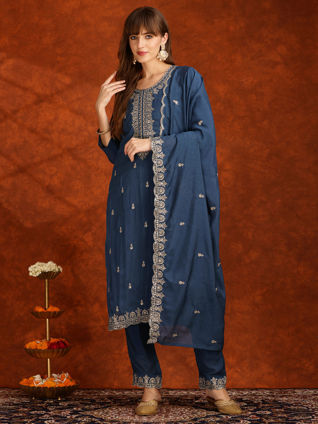Teal sequined and embroidered kurta set with pant and dupatta