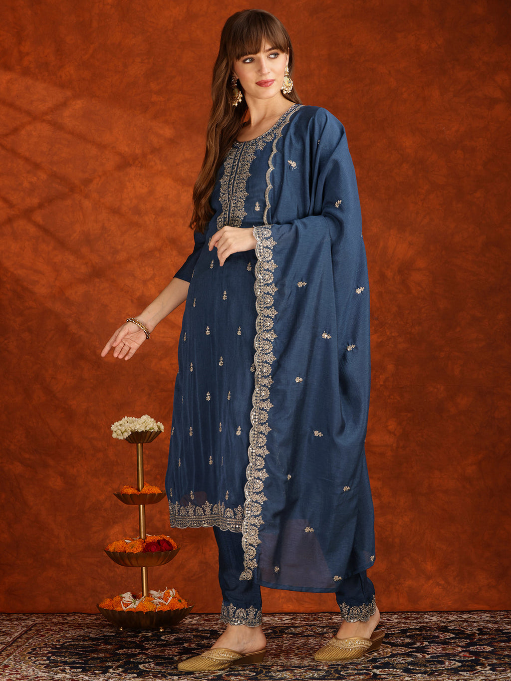 Sequined Embroidered Teal Kurta Set with Pant and Dupatta