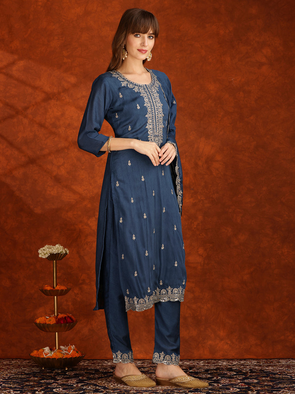Sequined Embroidered Teal Kurta Set with Pant and Dupatta