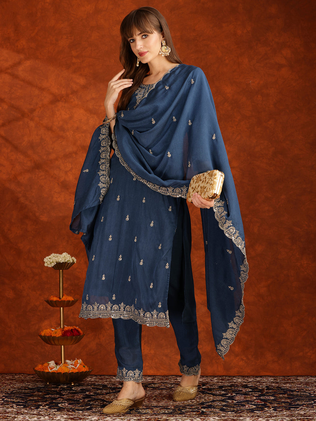 Sequined Embroidered Teal Kurta Set with Pant and Dupatta