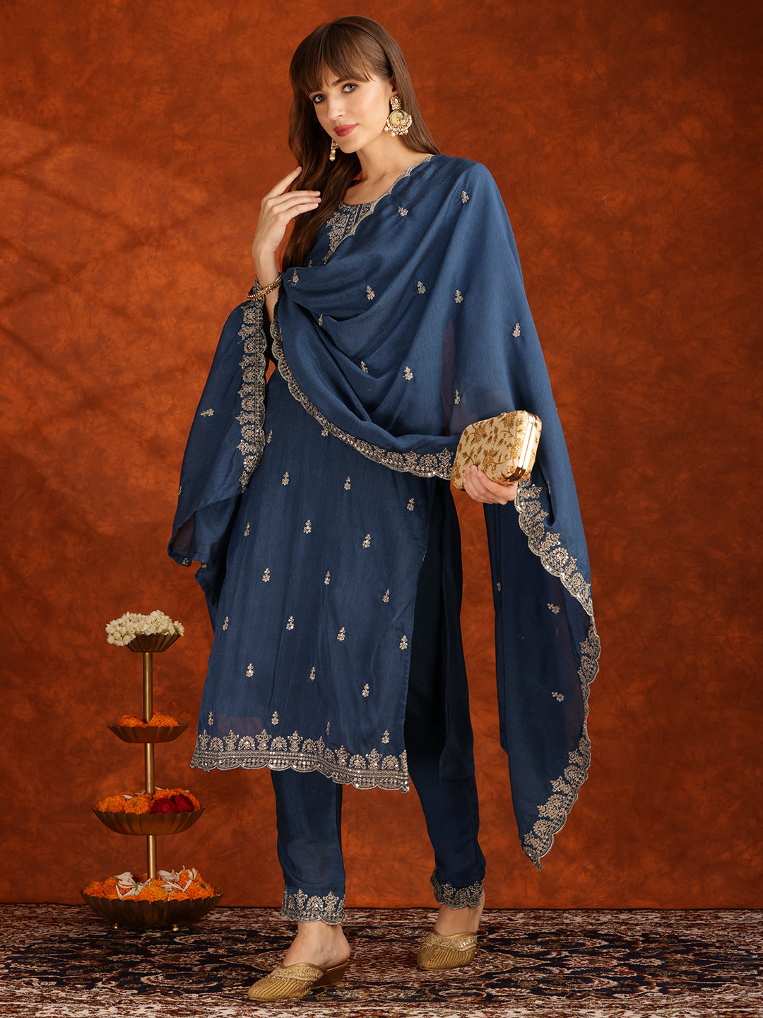 Sequined Embroidered Teal Kurta Set with Pant and Dupatta