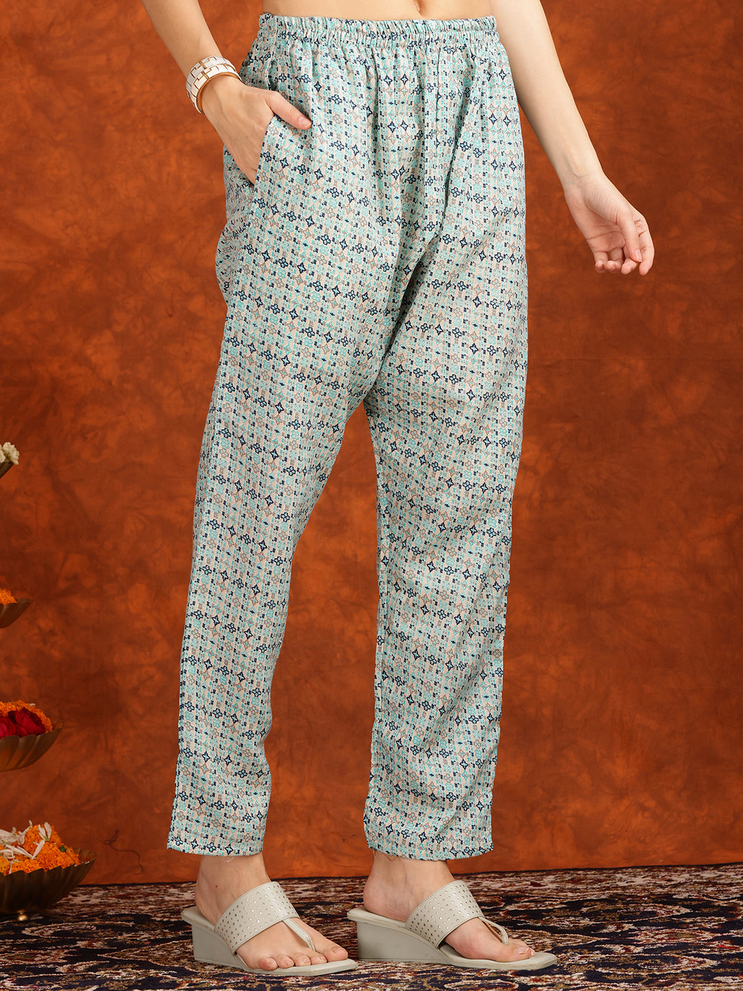 Aqua-Blue Flower Embellished Pakistani Kurta Set with Pant