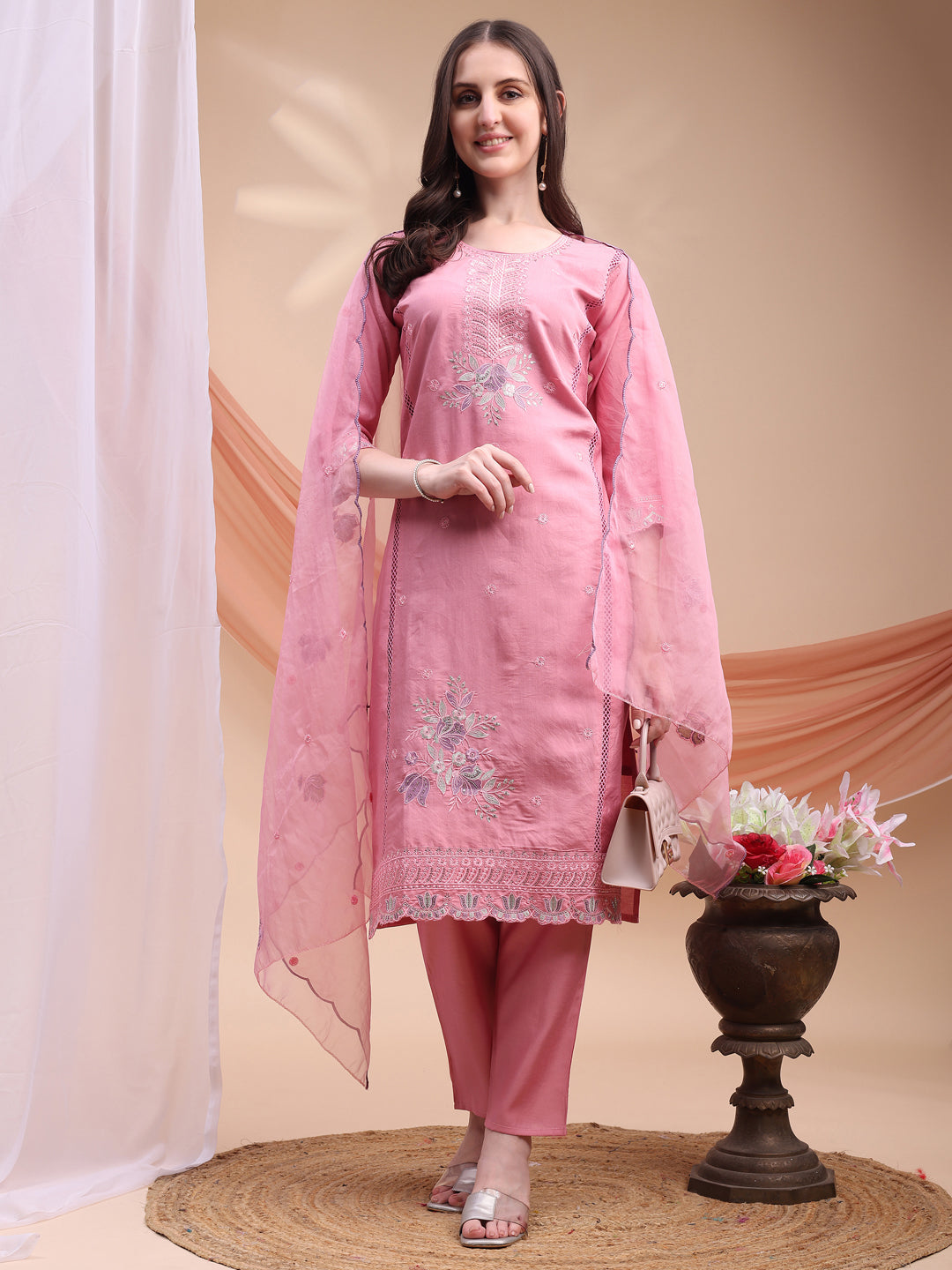 Pink Embroidered Chanderi Kurta Set with Organza Dupatta