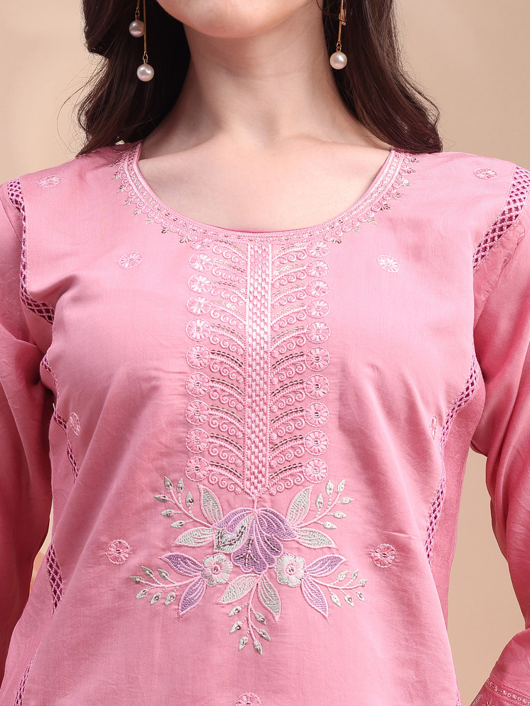 Pink Embroidered Chanderi Kurta Set with Organza Dupatta