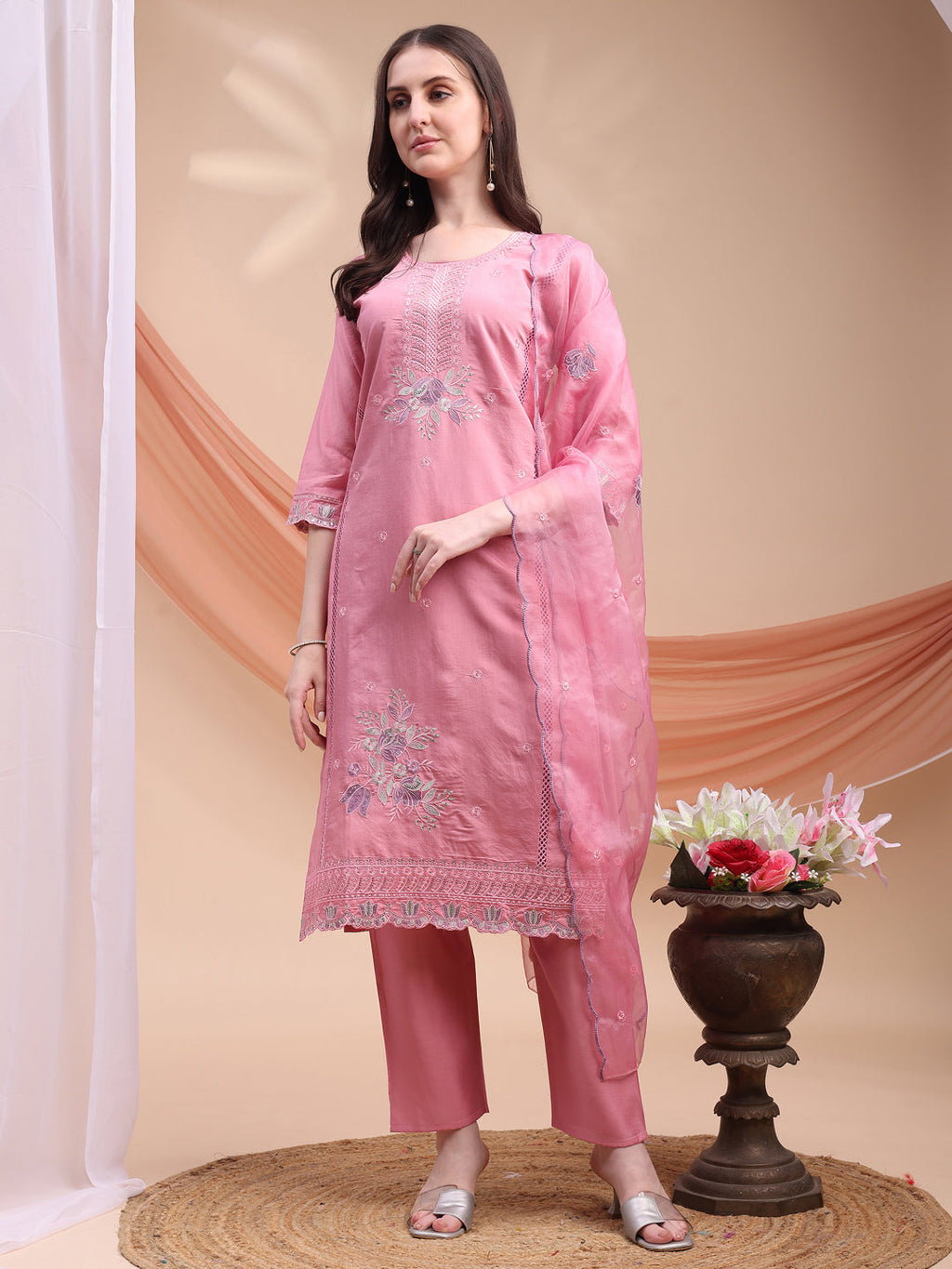 Pink Chanderi kurta set with intricate embroidery and an organza embroidered dupatta
