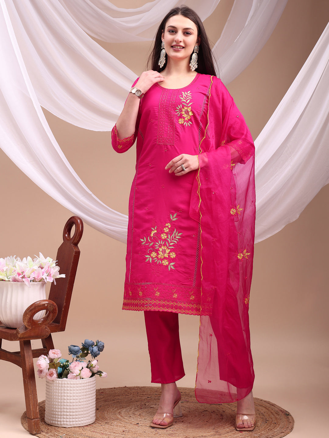 Pink Chanderi kurta with embroidery and matching organza embroidered dupatta