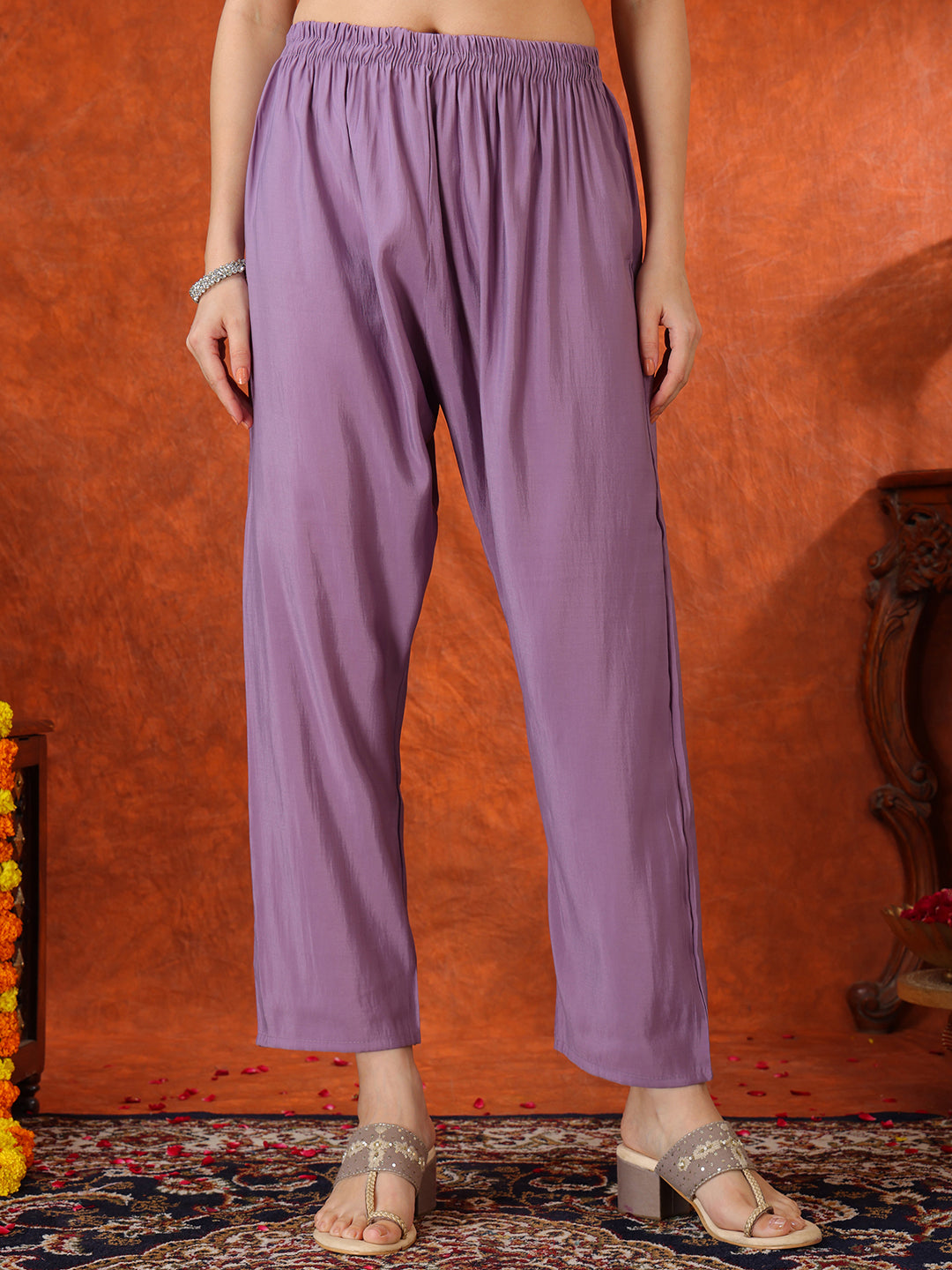Lavender Embroidered Chanderi Kurta Set with Pant and Dupatta