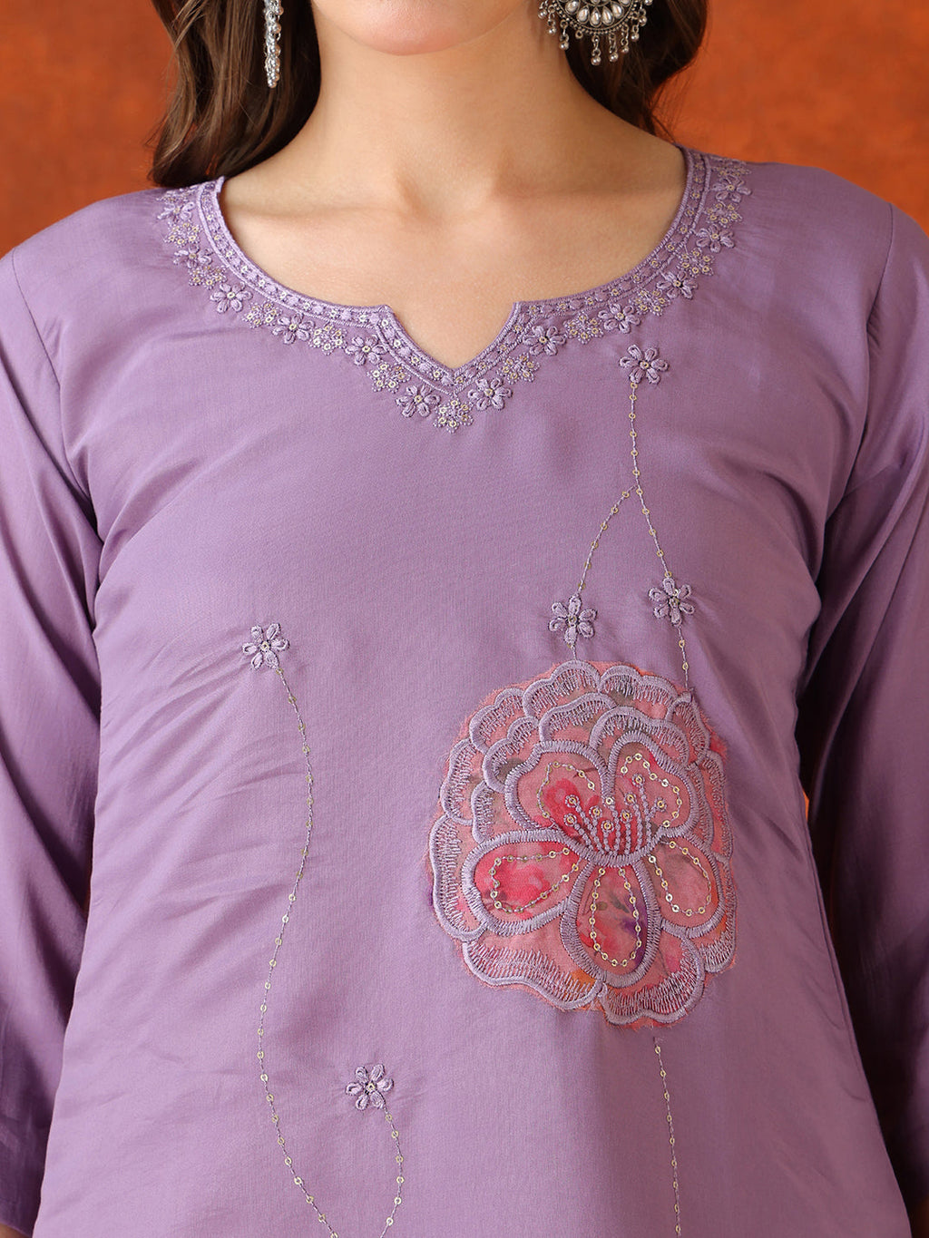 Lavender Embroidered Chanderi Kurta Set with Pant and Dupatta
