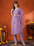 Lavender Chanderi kurta set with intricate embroidery, sweetheart neckline, pants, and matching dupatta