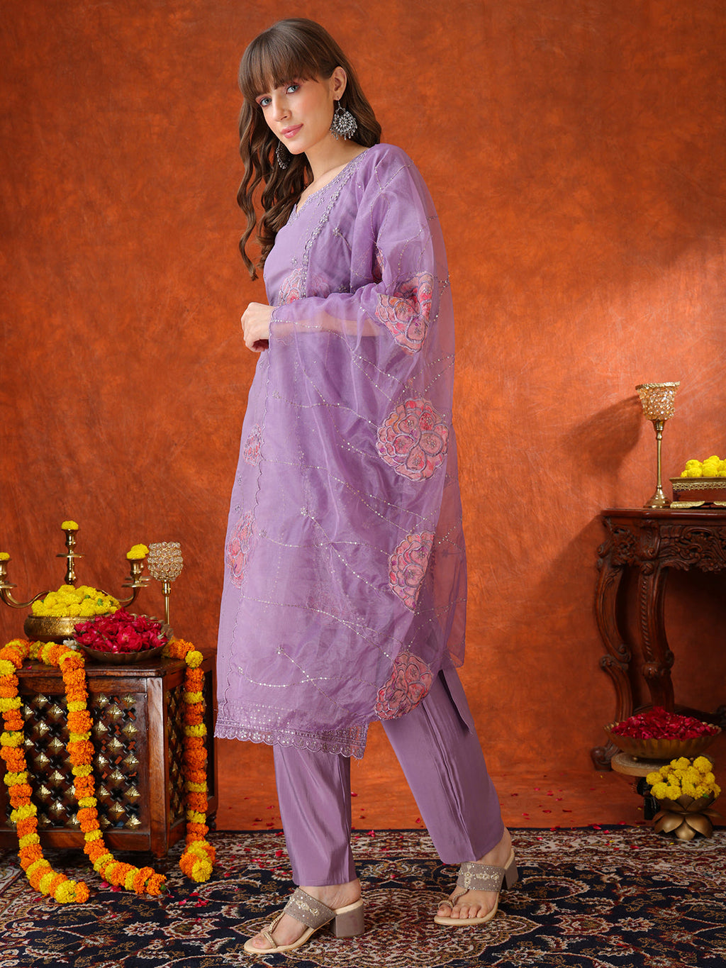 Lavender Embroidered Chanderi Kurta Set with Pant and Dupatta