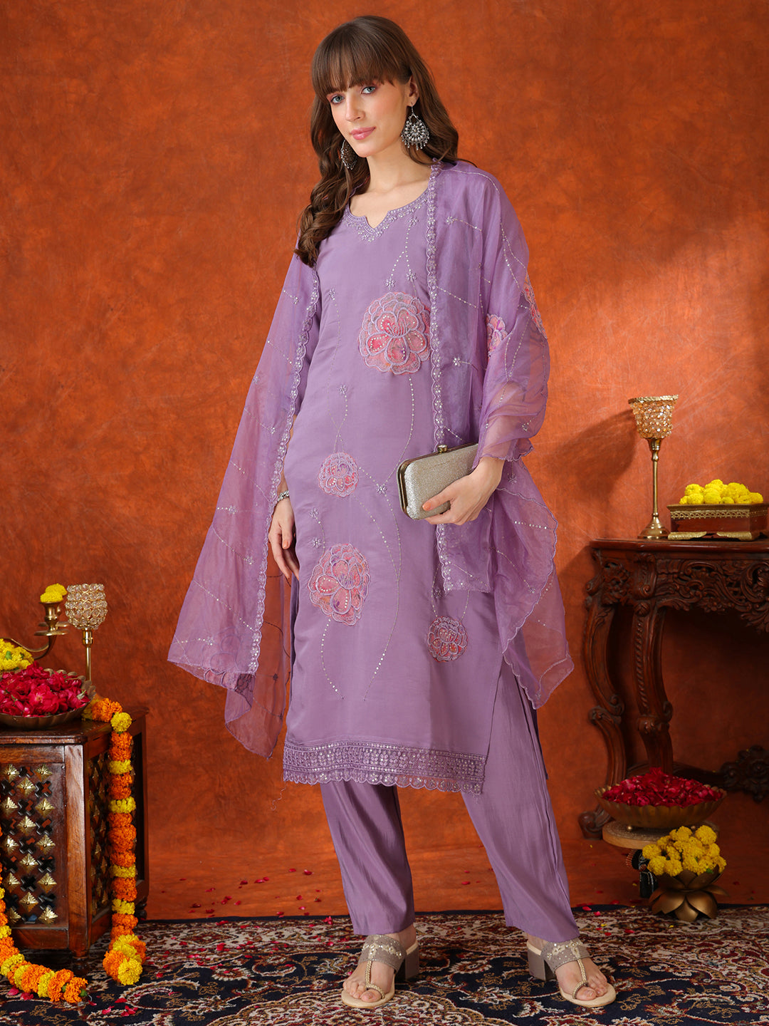 Lavender Embroidered Chanderi Kurta Set with Pant and Dupatta