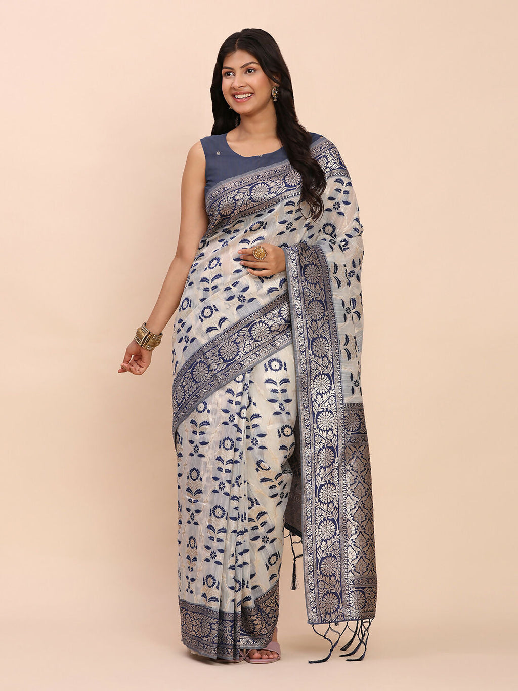 Navy Blue Linen Cotton Saree with Matching Blouse Piece
