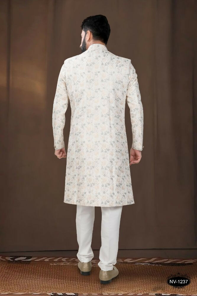 Off-White Silk Kurta Pyjama Set with Embroidery for Boys