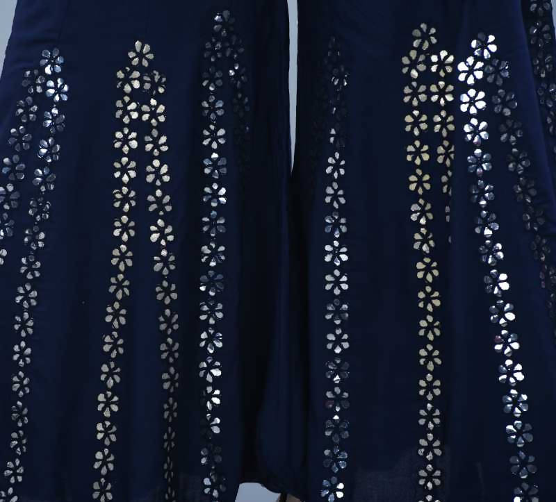 Navy Blue Mirror Work Palazzo Pants - Comfortable Wide Leg Bottoms