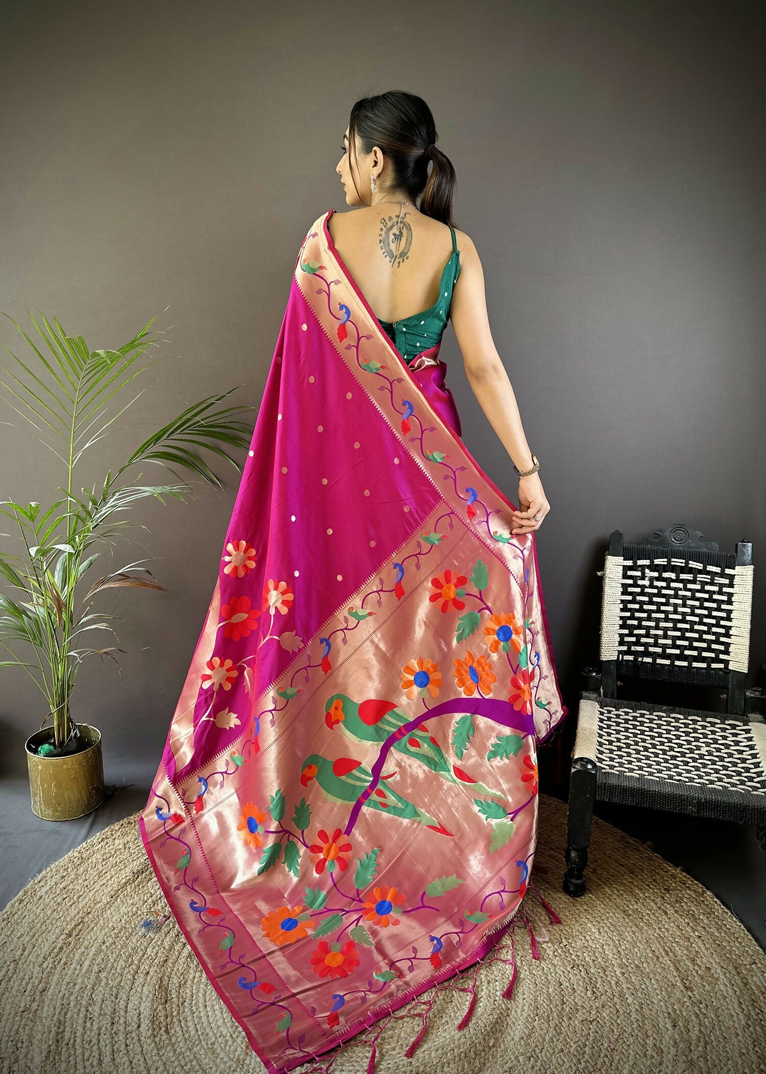 Dark Pink Zari Woven Floral Motifs Soft Silk Paithani Saree