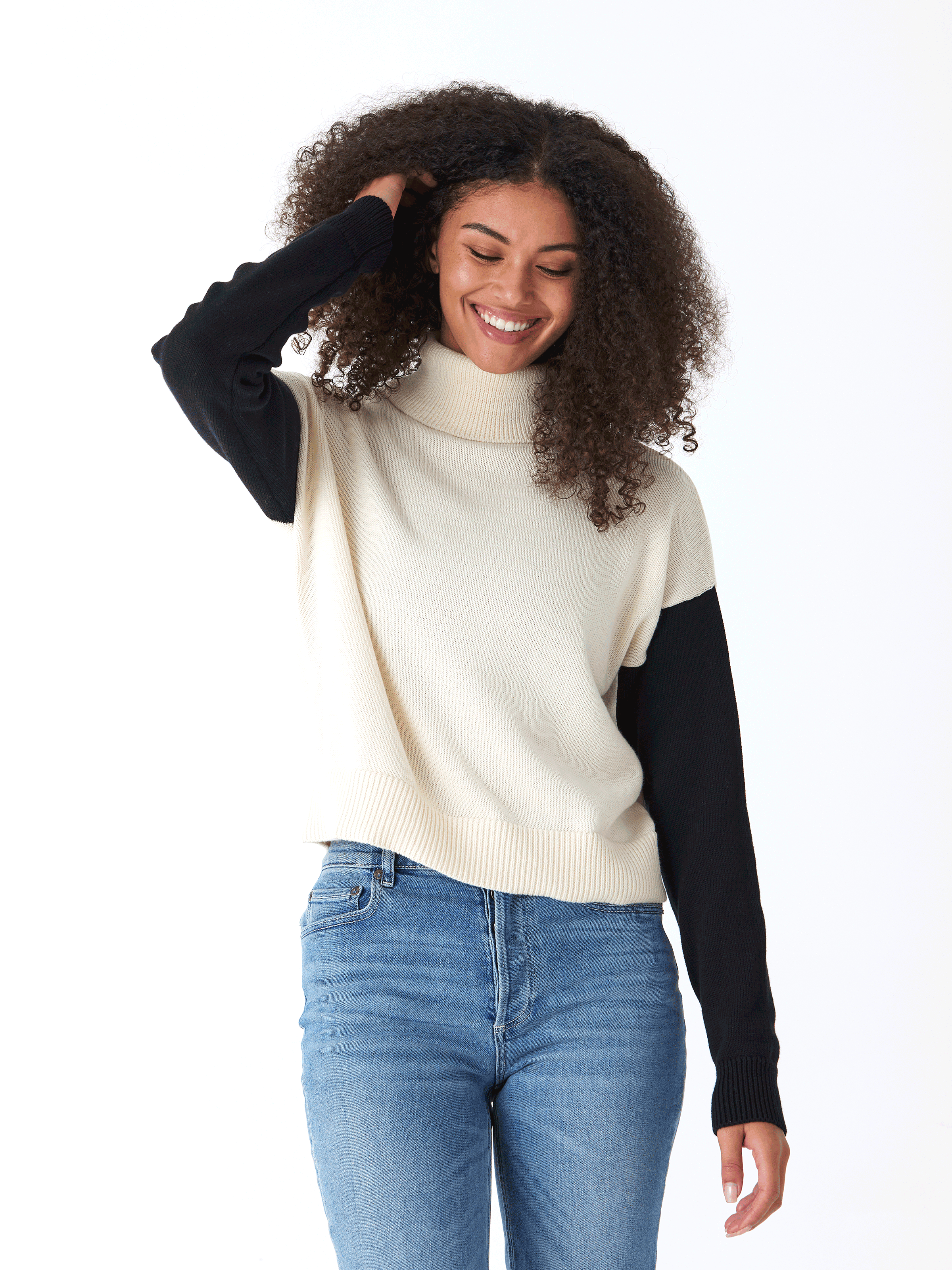 Off-White and Black Colorblock Turtleneck Knit Sweater