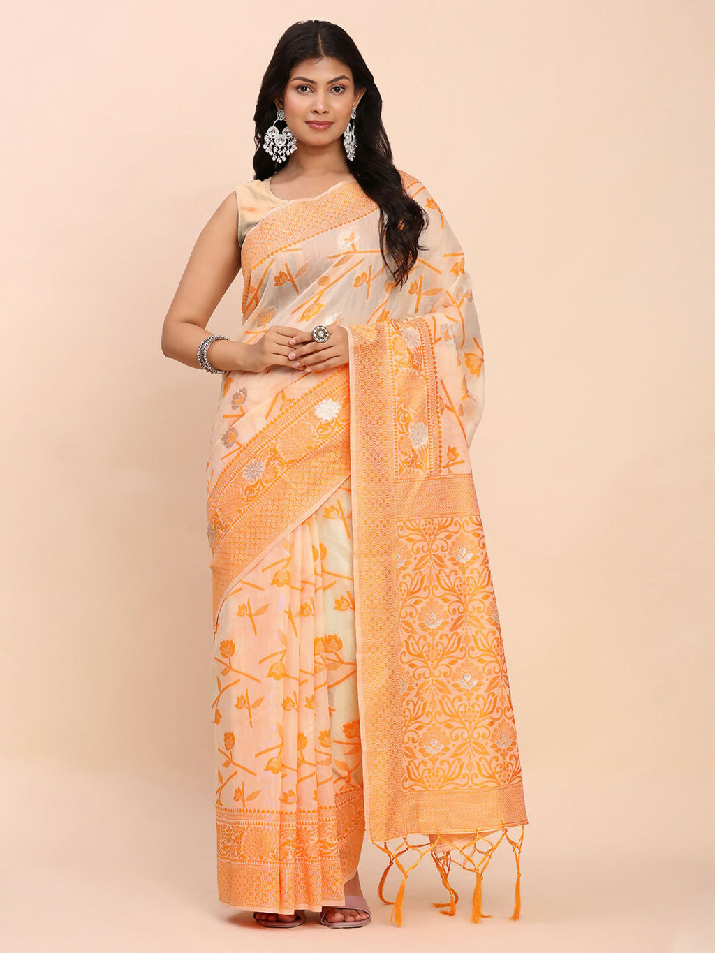 Vibrant orange linen cotton saree with matching blouse fabric