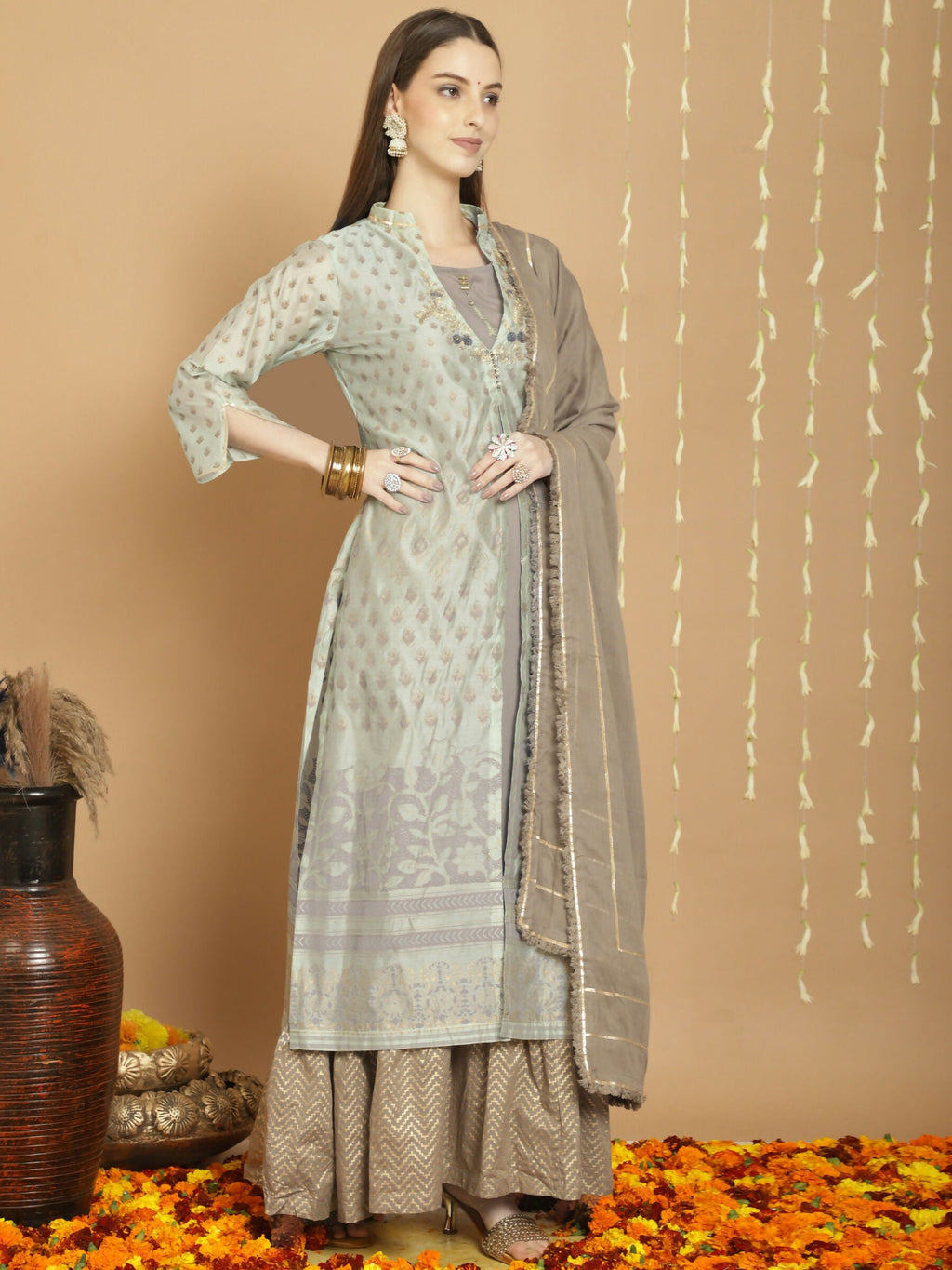 Green Chanderi Silk A-Line Kurta Set with Jardoshi Work