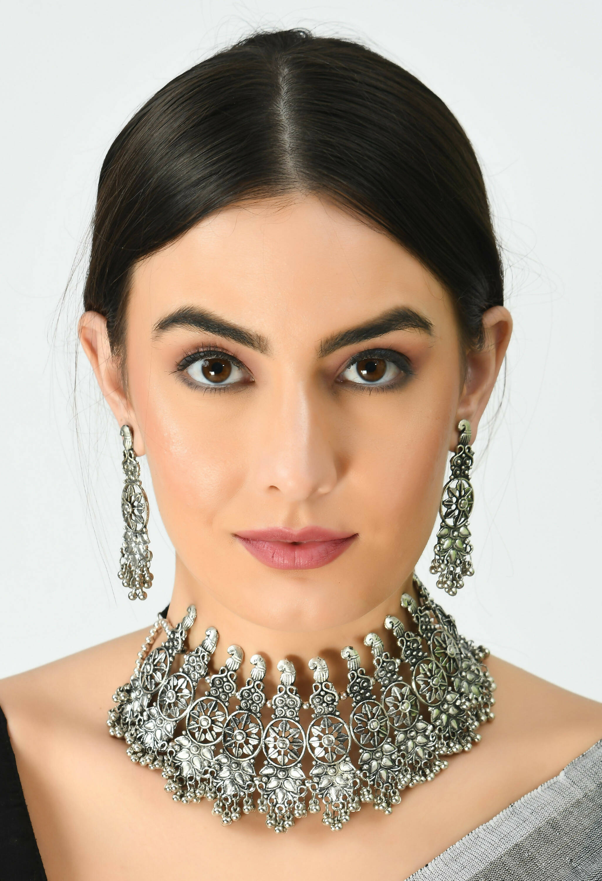 Johar Kamal Oxidised Silver-Plated Brass Temple Choker Necklace Set