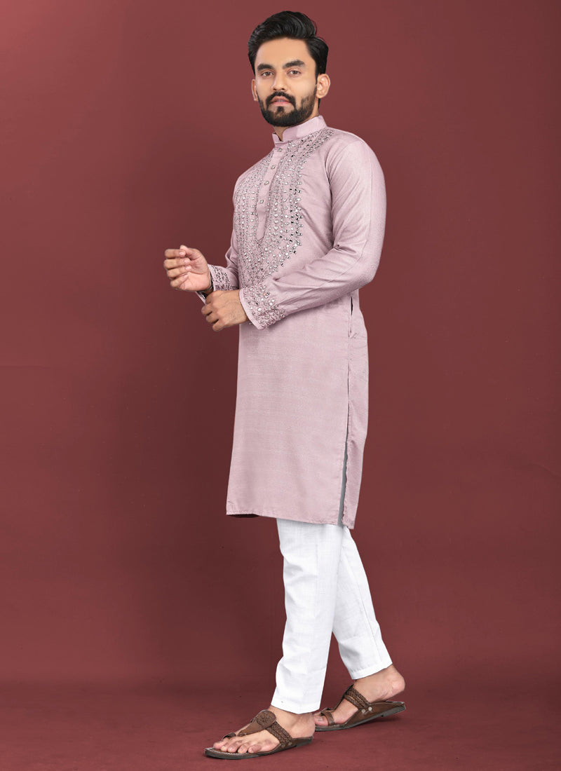 Onion pink soft silk men's kurta with intricate real mirror work