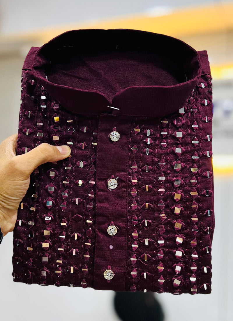 Men's Wine Soft Silk Kurta with Real Mirror Work Detail