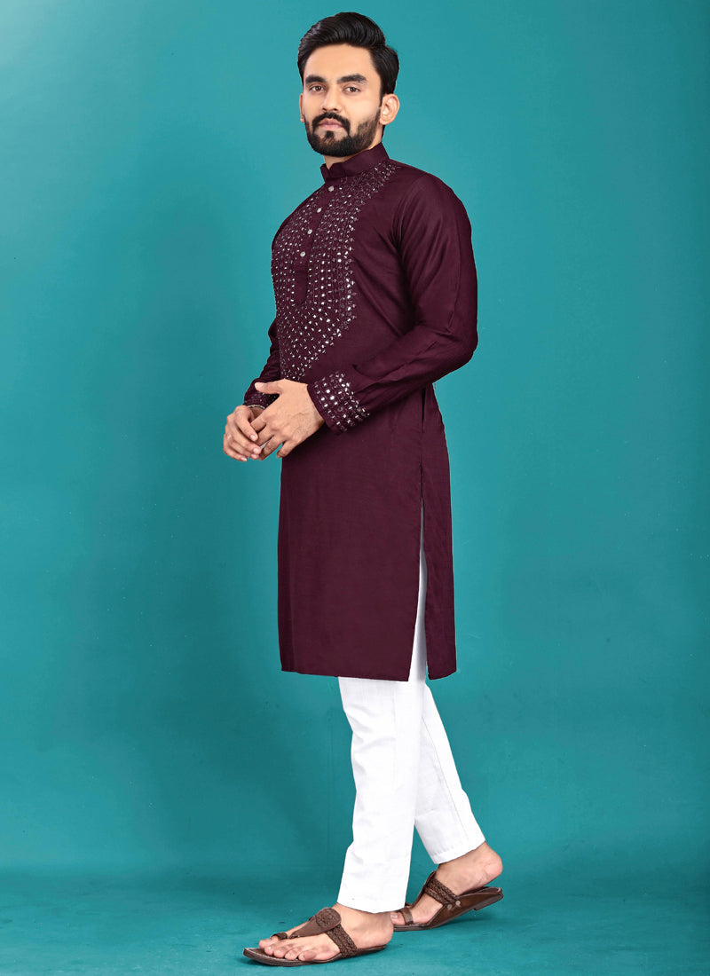 Deep wine colored men's soft silk kurta with detailed mirror work