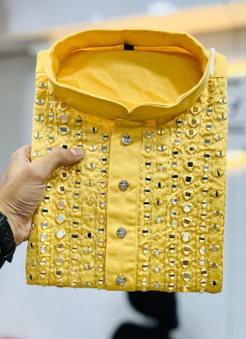 Yellow Soft Silk Kurta with Real Mirror Work for Men
