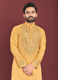 Men's yellow soft silk kurta with authentic mirror work detailing