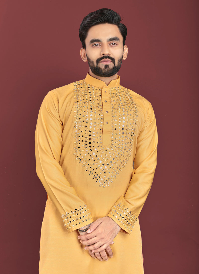 Men's yellow soft silk kurta with authentic mirror work detailing