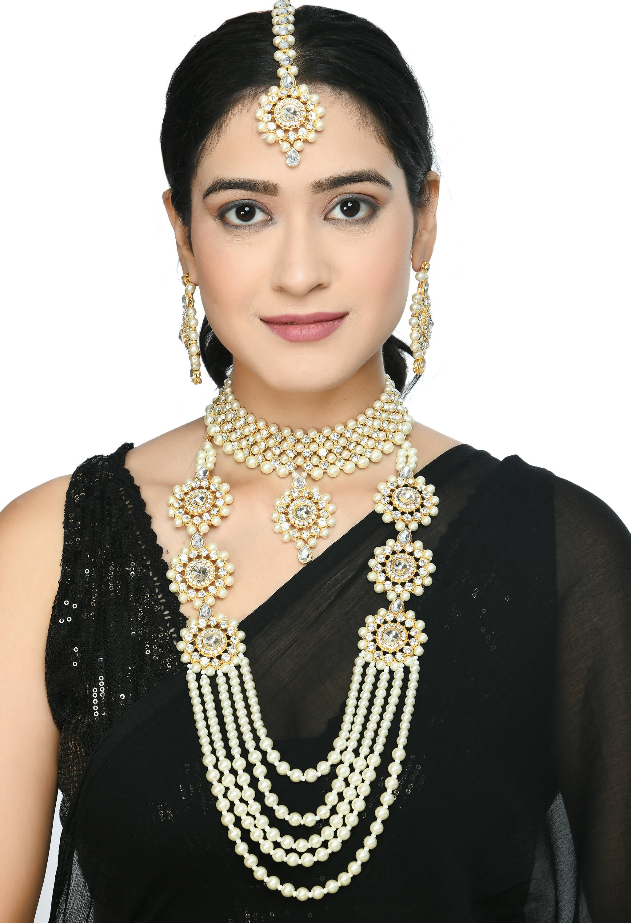 Gold-Polished Rani Haar Necklace Set with Off White Pearls & Kundan