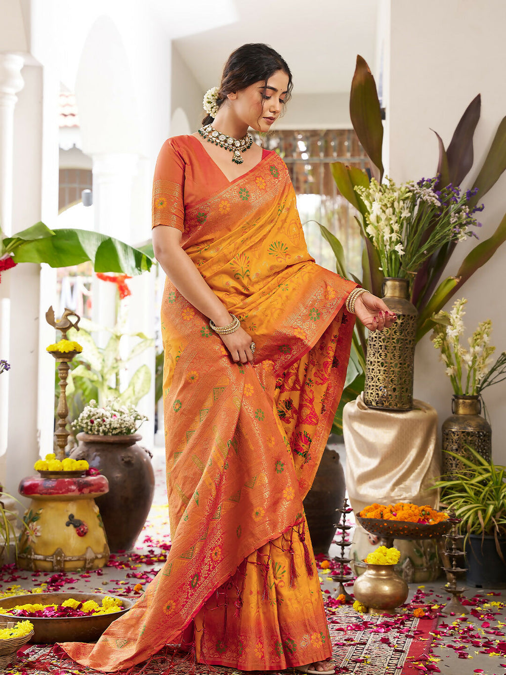 Yellow Soft Silk Saree with Contrast Orange Blouse Piece